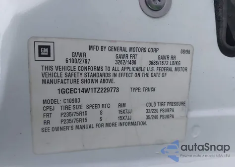 1996 Chevrolet Gmt-400 C1500 z USA, uszkodzony, nr VIN 1GCEC14W1TZ229773